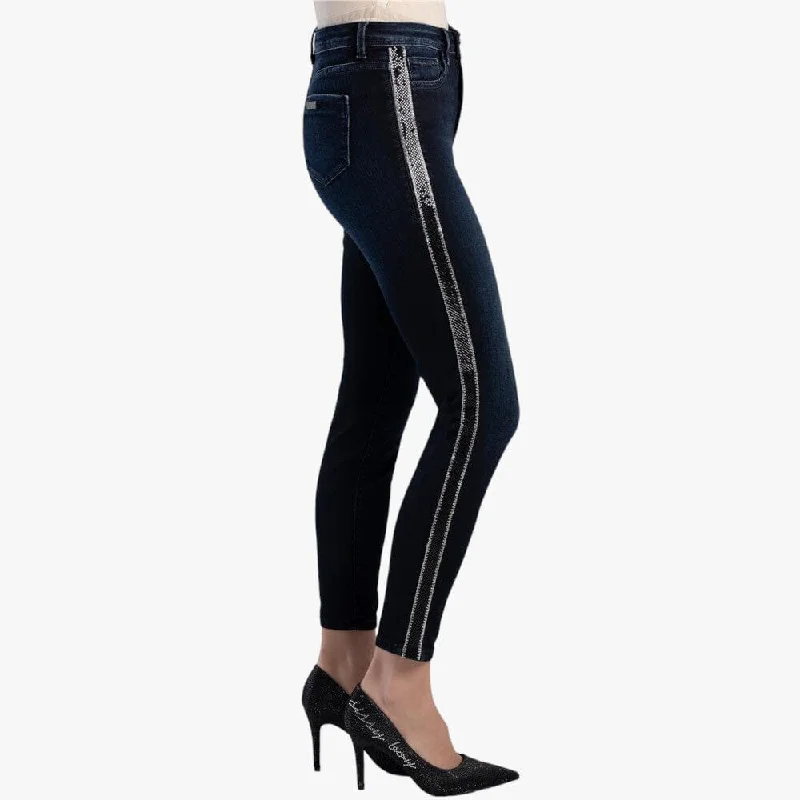 Sissy Boy Womens Mid Waist Skinny Jeans Side Tape Blue Black Fashionable Raw Edge Jeans