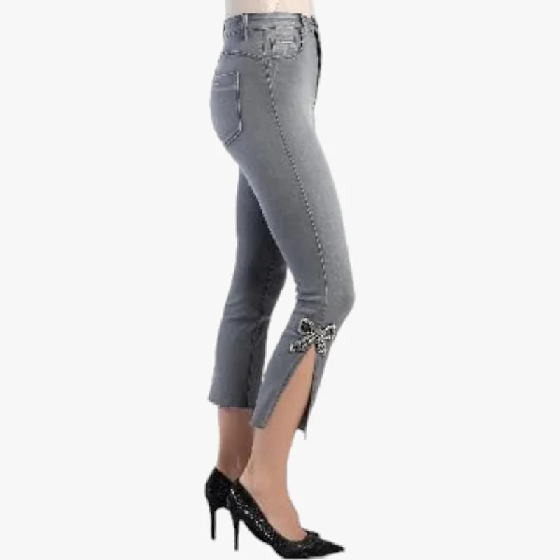 Sissy Boy Womens Slim Straight With Hem Bow Jeans Grey Trendy Vintage Denim Jeans