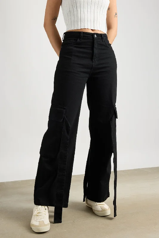 Smoky Black Cargo Jeans Chic Rolled Cuff Denim Jeans