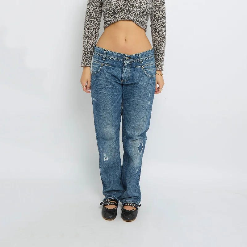 Straight Leg Ripped Jeans - UK 14 Comfortable Drawstring Waist Jeans