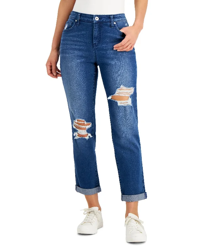 Style & Co Womens Distressed Boyfriend Jeans Cozy Wide-Legged Jeans
