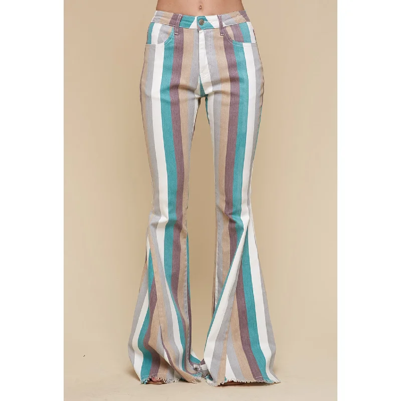 Turquoise Multi Striped Flare Jeans Stylish Relaxed Fit Skinny Jeans