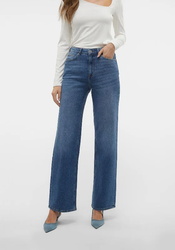 Vero Moda Tessa High Rise Wide Leg Jeans, Medium Blue Denim Classic Black Denim Jeans