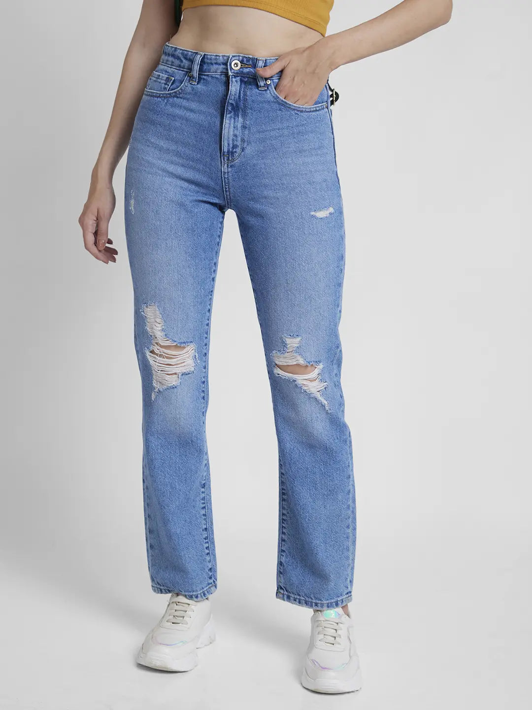 Spykar Women Light Blue Cotton Straight Fit Regular Length Mild Distressed Jeans -(Bella) Trendy Patchwork Denim Jeans