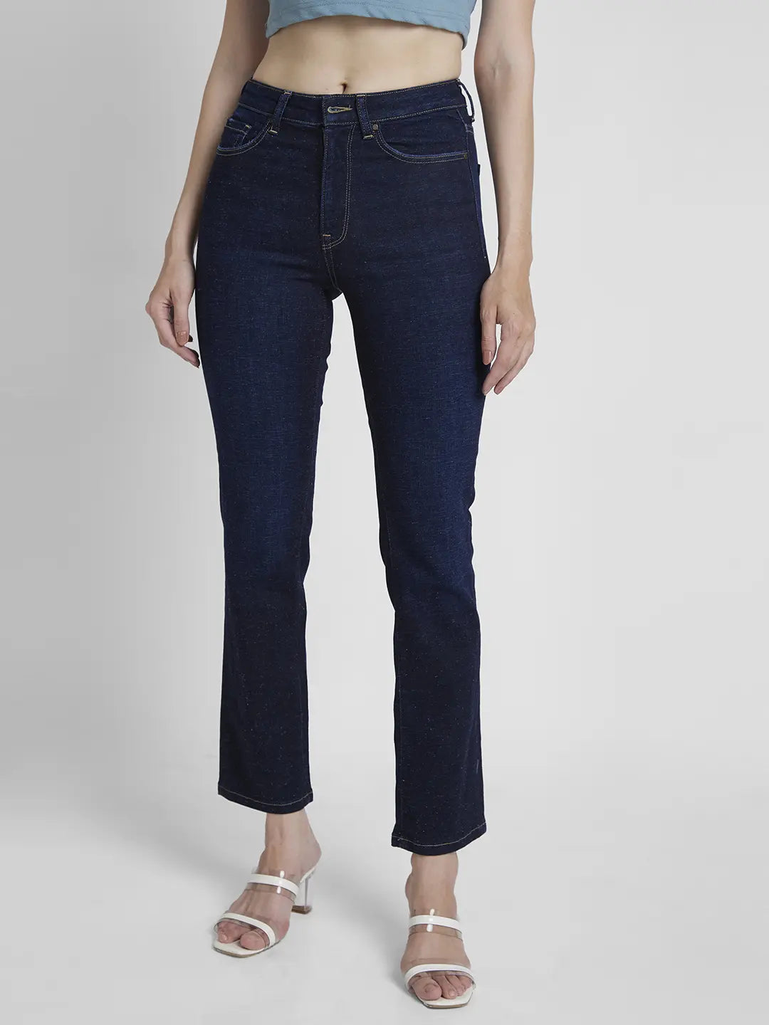 Spykar Women Dark Blue Lycra Slim Straigth Fit Ankle Length Clean Look Jeans -(Emma) Chic Cropped Jeans