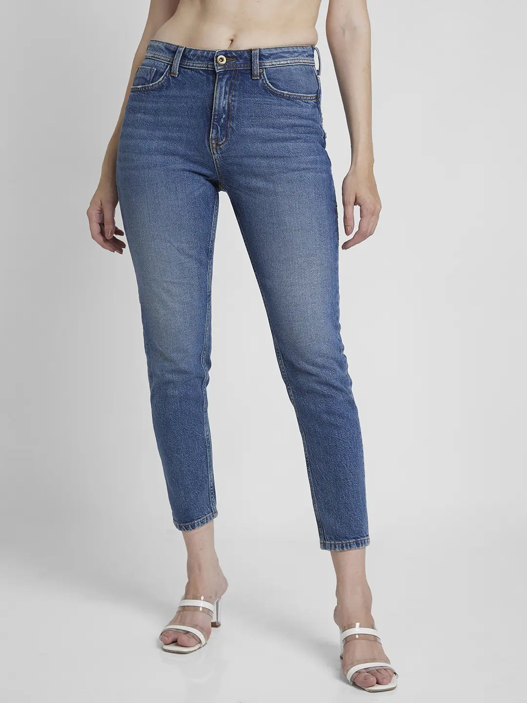 Spykar Women Mid Blue Cotton Mom Fit Ankle Length Highly Distressed Jeans -(Amora) Casual Straight-Leg Jeans Spykar Women Mid Blue Cotton Mom Fit Ankle Length Highly Distressed Jeans -(Amora) Casual Straight-Leg Jeans