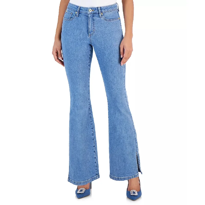 Blue Split Hem Flared Jeans Comfortable Zip-Fly Denim Jeans