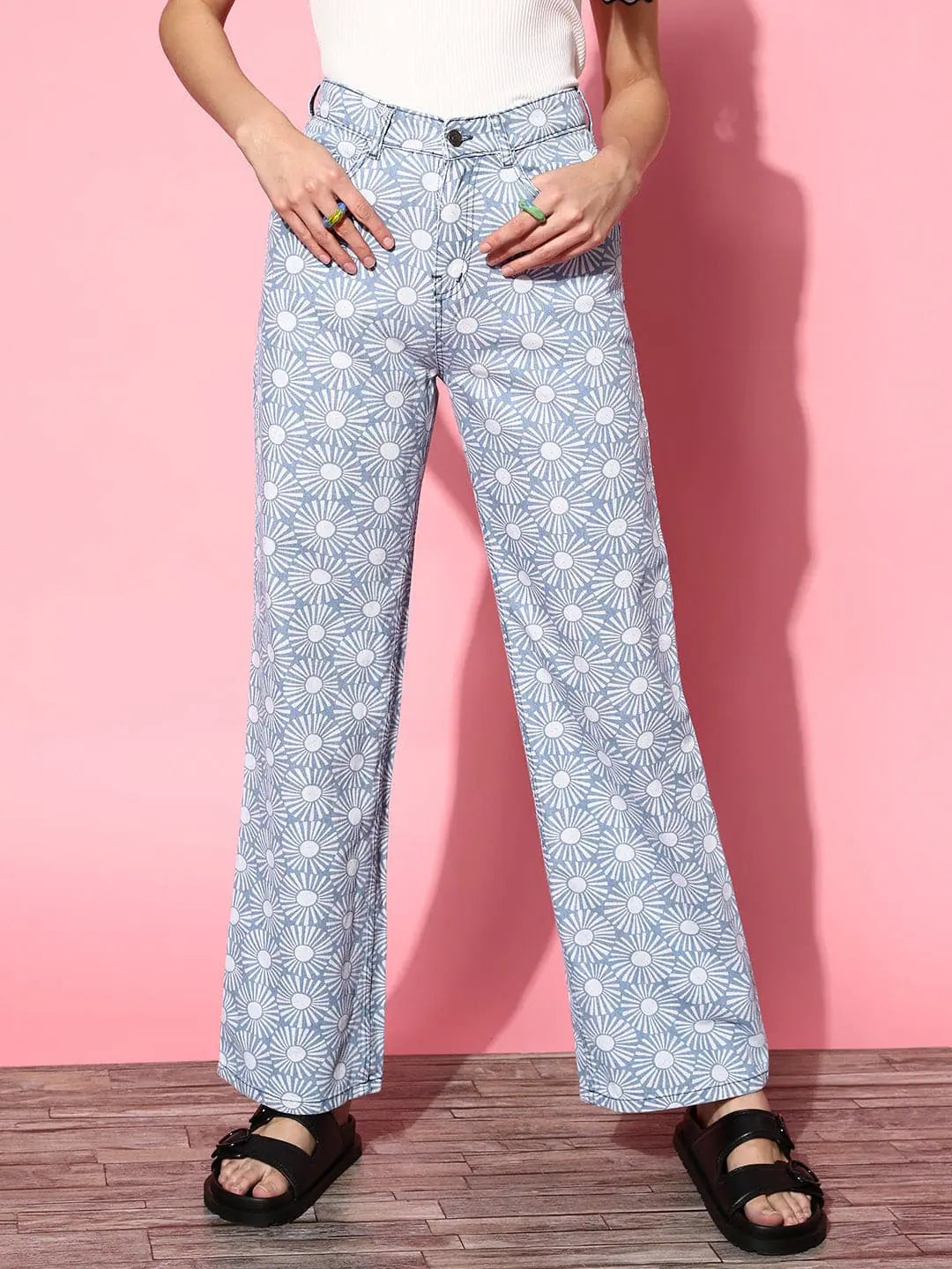 Women Blue Floral Print Straight Jeans-SFJEAN0274XS Casual Distressed Skinny Jeans
