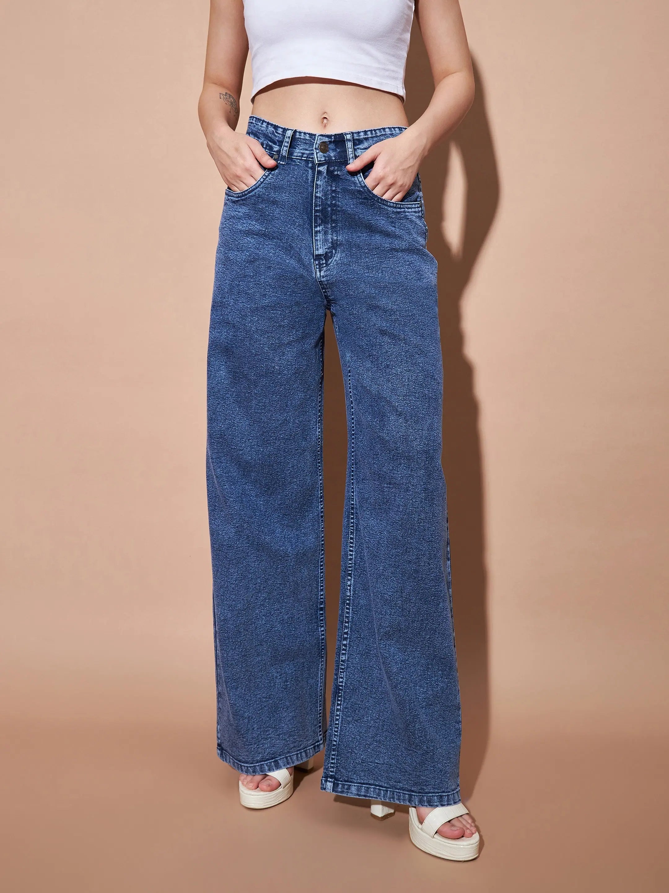 Women Blue High Waist Straight Jeans Fashionable Button-Front Jeans