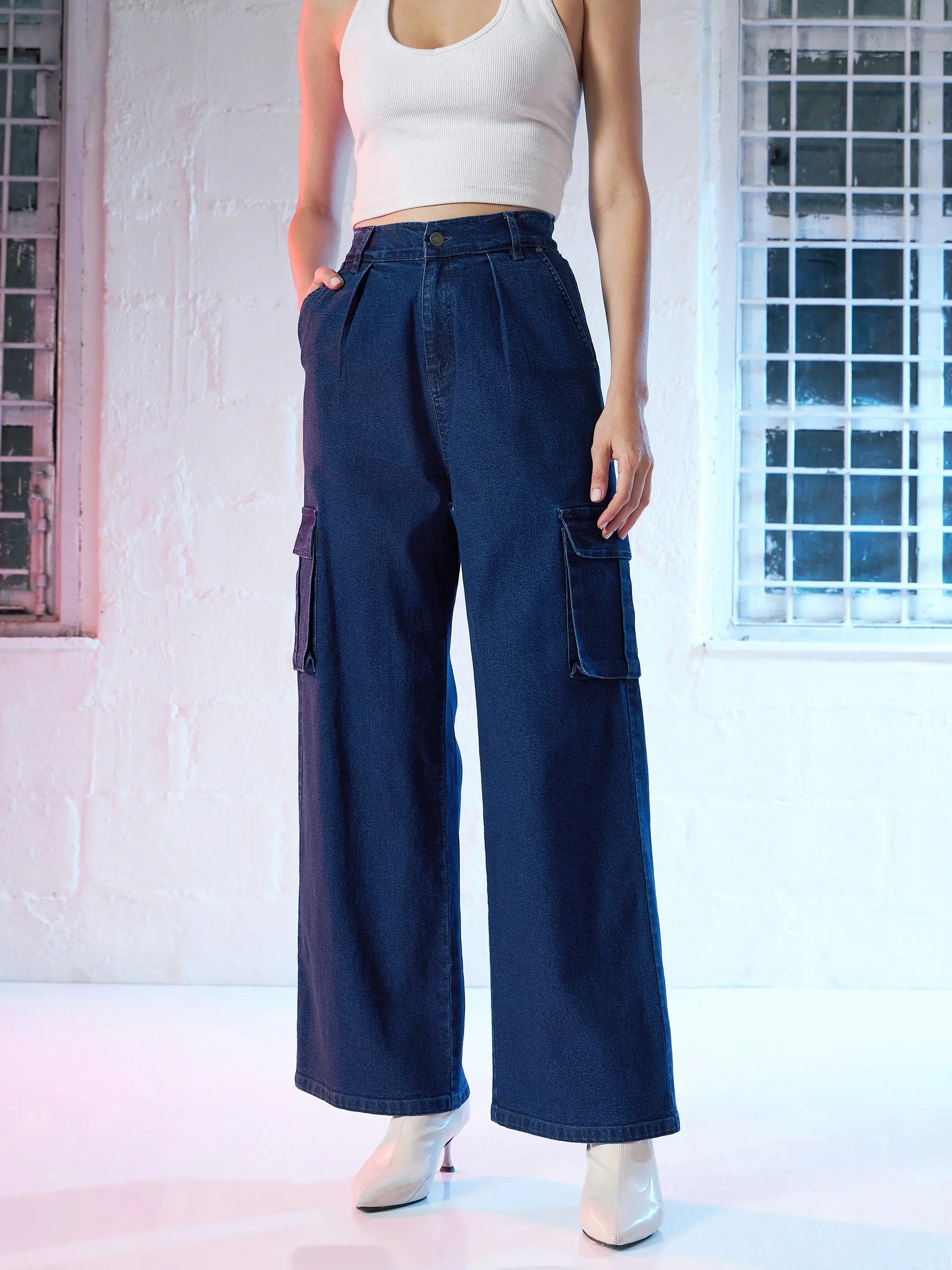 Women Blue Side Pocket Cargo Jeans Stylish High-Waist Jeans