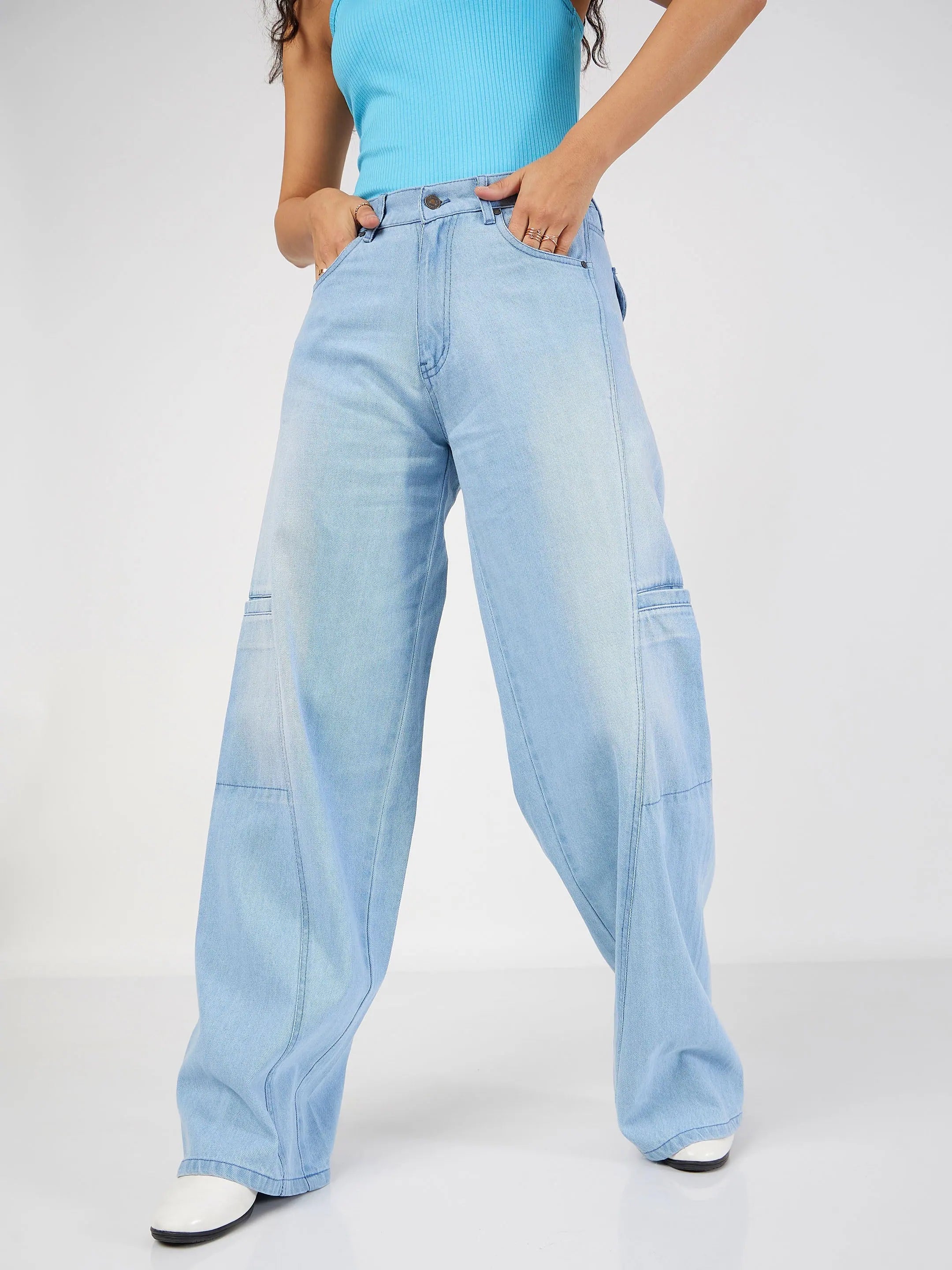 Women Ice Blue Wide Leg Jeans Elegant Skinny Leg Jeans