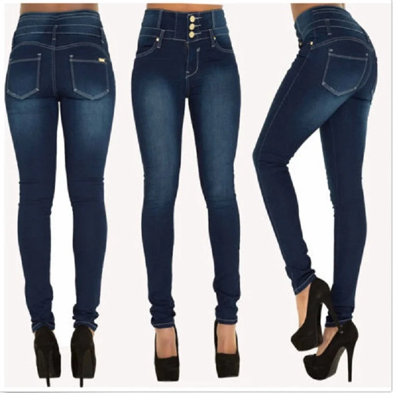 Women Pencil Denim Jeans Fashionable Button-Front Jeans