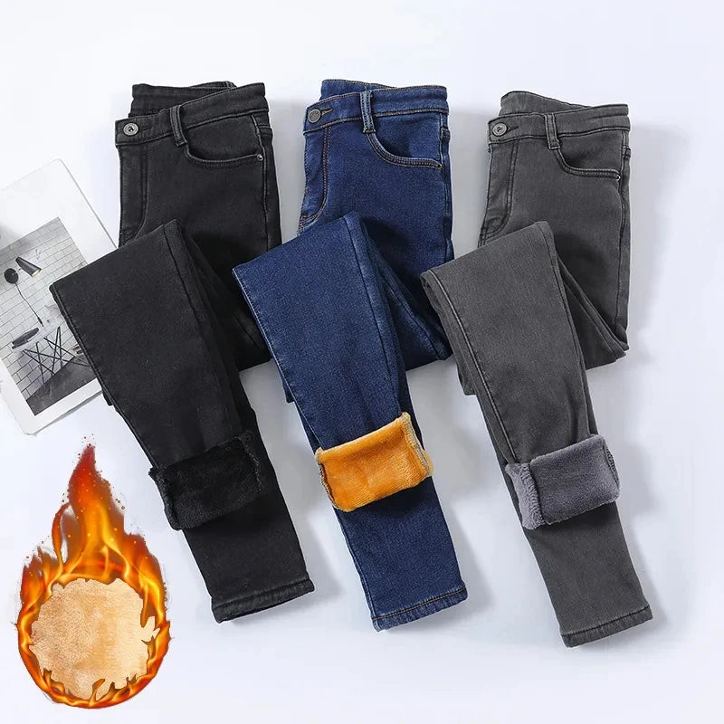 Women Thermal Jeans Winter Snow Warm Plush Stretch Jeans Stylish High-Waist Jeans