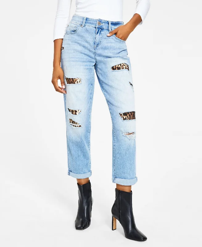 Women's High Rise Ripped Leopard Boyfriend Jeans Trendy Wide-Legged High-Waist Jeans Women's High Rise Ripped Leopard Boyfriend Jeans Trendy Wide-Legged High-Waist Jeans