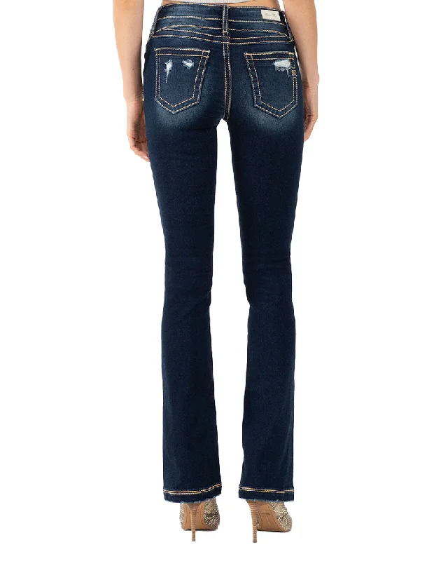 Women's Pocket Distressed Mid-Rise Bootcut Jeans Trendy Skinny High-Waist Jeans