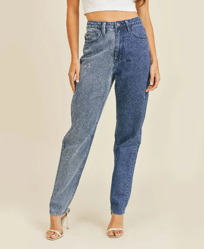 Womens Two Tone Boyfriend Jeans Comfortable Mid-Rise Jeans