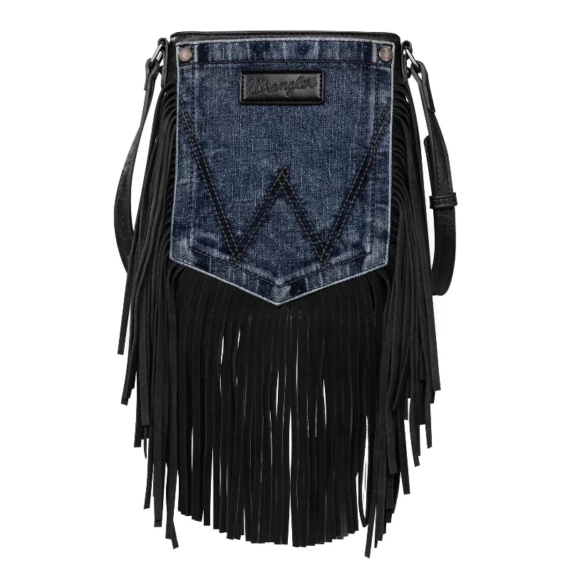Wrangler Leather Fringe Jean Denim Pocket Crossbody - Black Trendy Classic Fit Jeans