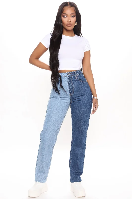 Writers Block Two Tone Mom Jeans - Blue/combo Comfortable Stretch Denim Jeans