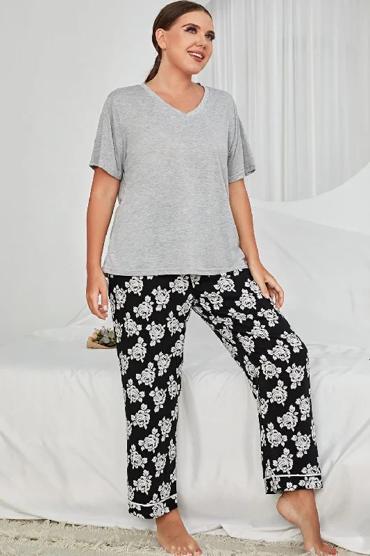 Plus Size V-Neck Tee and Floral Pants Lounge Set Relaxed Lounge Trousers