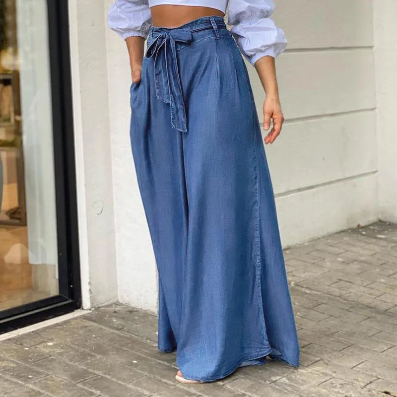 Women Long Pants High Waist Fashion Belted Casual Loose Solid Streetwear Women Modern Bootcut Pants