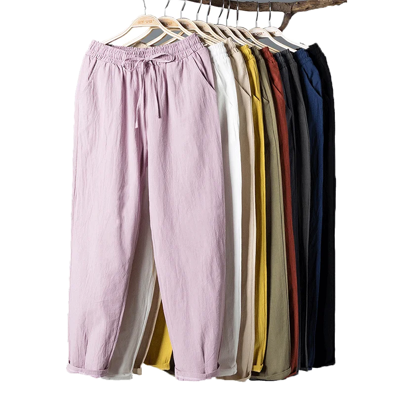 Womens Spring Summer Pants Cotton Linen Solid Elastic waist Candy Colors Pants Classic Bootcut Trousers