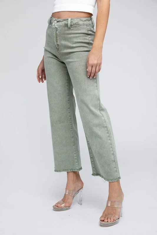 Acid Wash Frayed Cutoff Hem Straight Wide Pants Casual Plaid Pants