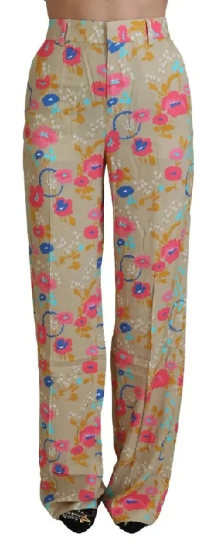 Beige Floral High Waist Straight Pants Fashionable Work Pants