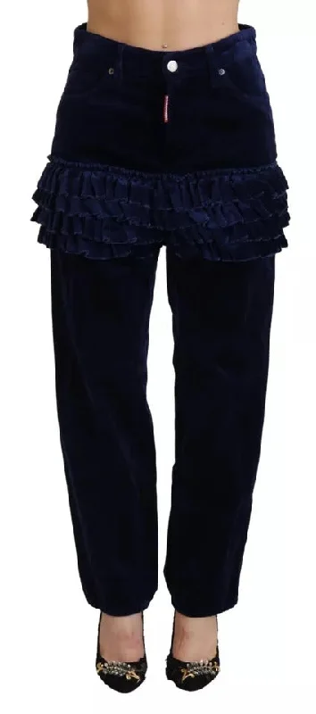 Blue Ruffles Highwaist Cotton Denim Boston Fit Pants Chic Black Leggings