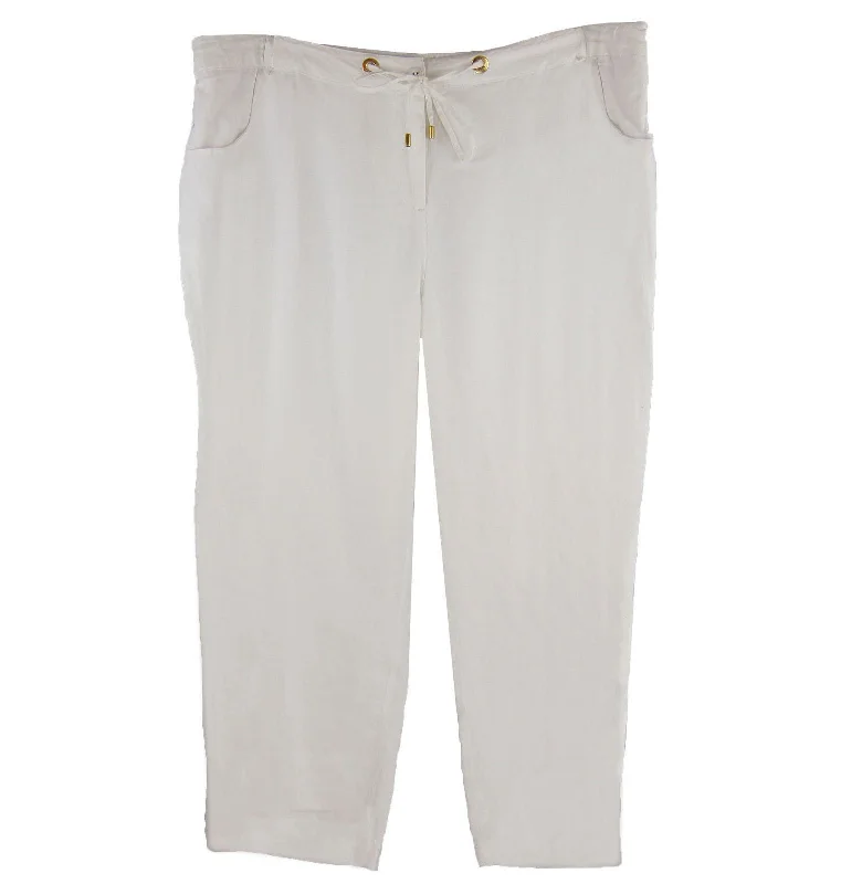 Charter Club White Classic Fit Cropped Casual Linen Pants Casual Track Pants