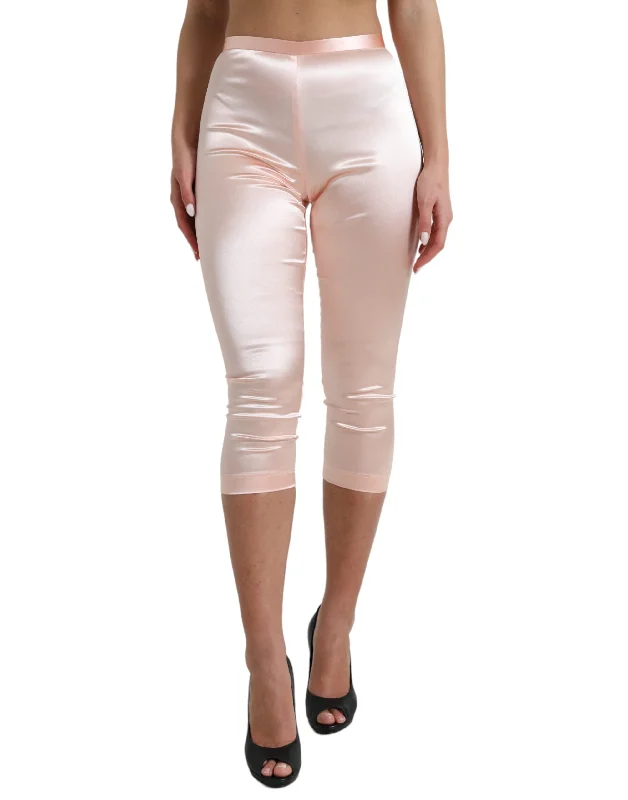 Chic Pink High Waist Cropped Silk Pants Formal Linen Trousers