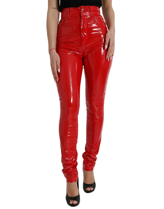Chic Red High Waist Skinny Pants Formal Linen Trousers