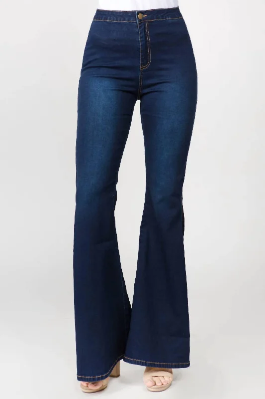 Chic Side Slit Flare Jeans In Dark Blue Comfortable Faded High-Rise Jeans