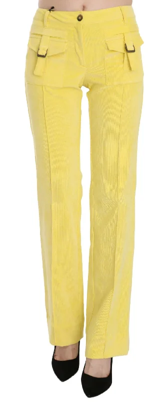 Just Cavalli Chic Yellow Corduroy Mid Waist Pants Elegant Silk Pants