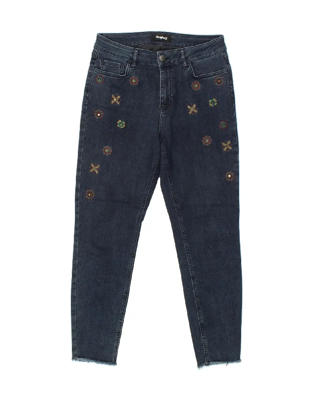 DESIGUAL Womens Skinny Jeans W30 L26 Navy Blue Floral Cotton Stylish Shredded Denim Jeans