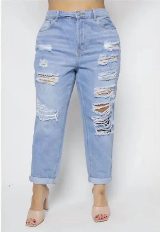 Distressed Elastic Mom Jeans - Plus In Light Wash Comfortable Stretch Denim Jeans