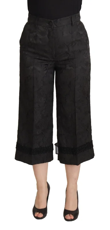 Elegant Black Brocade Cropped Pants Slim-Fit Leggings