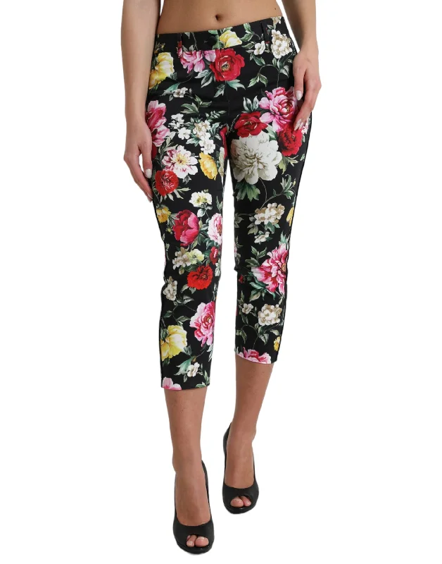 Elegant Floral Mid Waist Cropped Pants Relaxed Fit Trousers