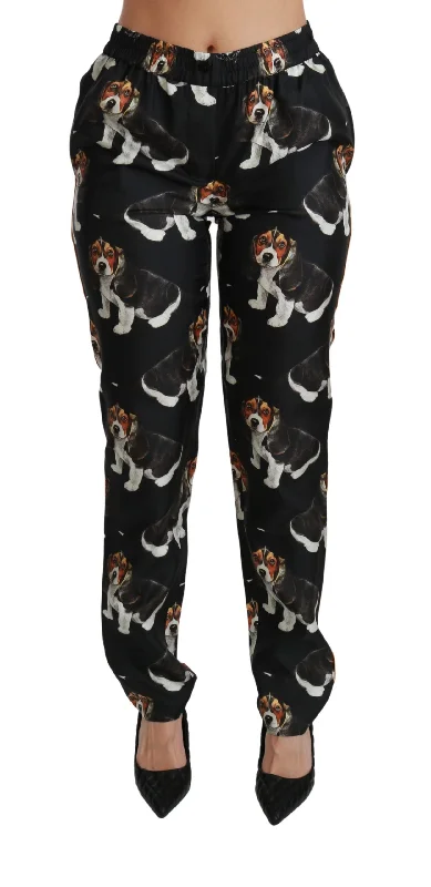 Dolce & Gabbana Elegant Silk Puppy Dog Print Pants Comfortable Cargo Pants