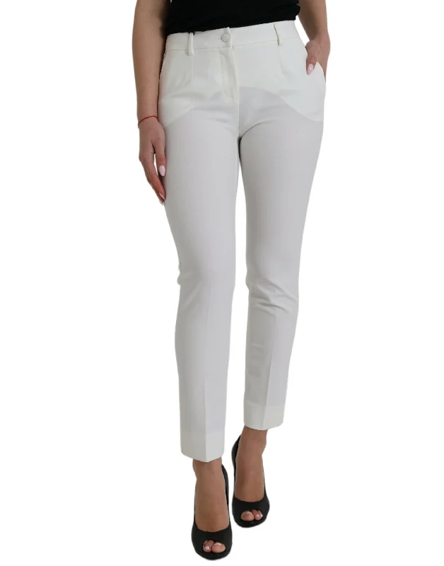 Elegant White Mid-waist Tapered Pants Classic Pleated Pants