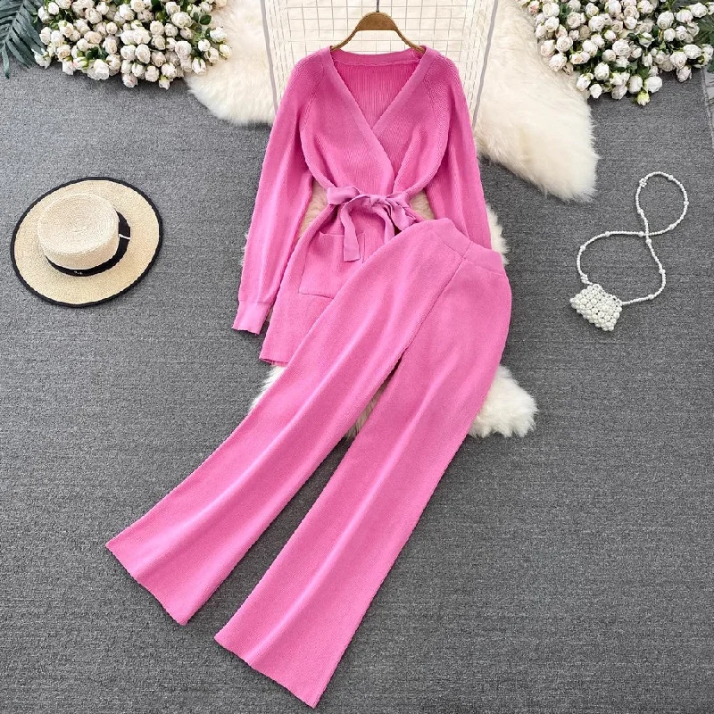 Fashion set V-neck knitted top two-piece set pants    S4195 Comfortable Denim Leggings