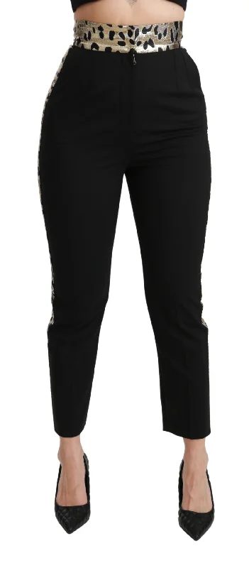 Dolce & Gabbana Gold Leopard Jacquard High Waist Pants Fashionable Sporty Pants