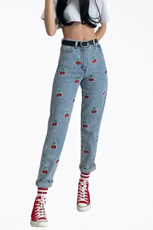 High-Rise Cherry-Embroidered Tapered Jeans In Light Blue Chic Dark-Wash Skinny Jeans