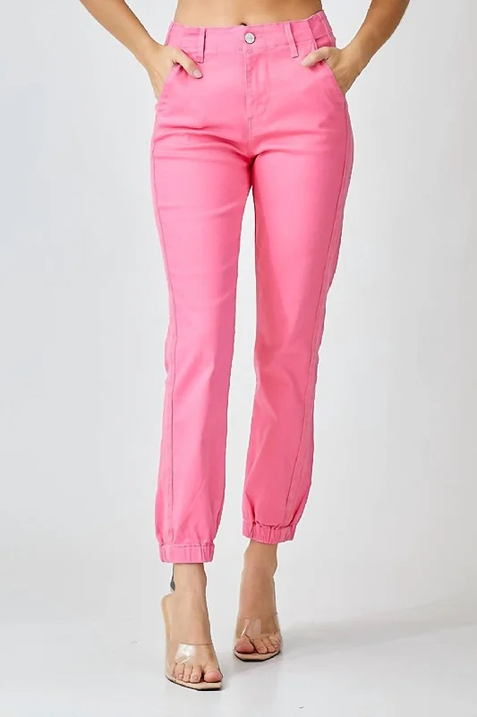 High Rise Jogger Jeans In Pink Stylish High-Waist Skinny Denim