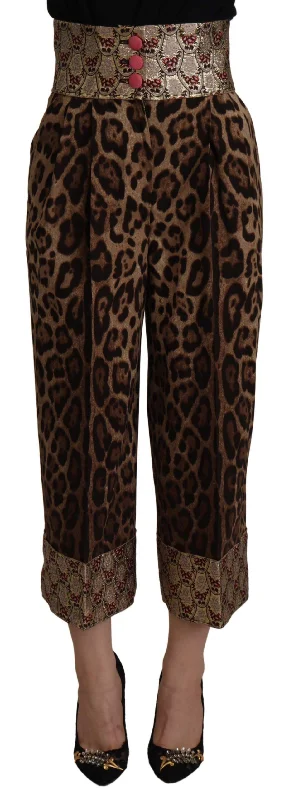 High Waist Cropped Leopard Jacquard Pants Relaxed High-Waist Trousers
