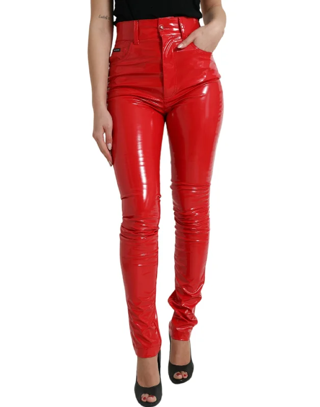 High Waist Red Skinny Pants - Sleek And Chic Trendy High-Waist Trousers