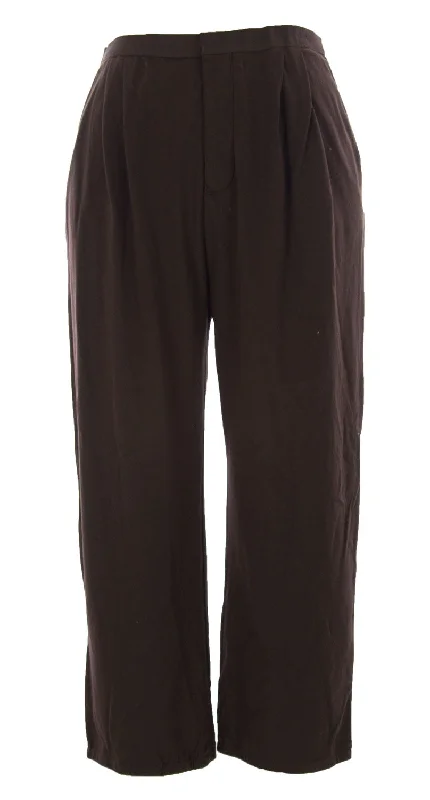 Joan Vass Women's Cropped Pleated Pants Earth Brown Trendy Wide-Legged Trousers