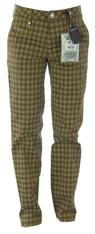 LEROCK Women's Brown Checkered Straight Leg Soft Fit High Waist Pants NEW Trendy Wide-Leg Pants