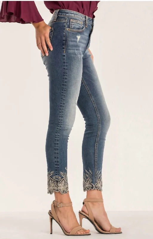 Light Of The Day Skinny Jeans In Medium Wash Elegant Raw Hem Jeans