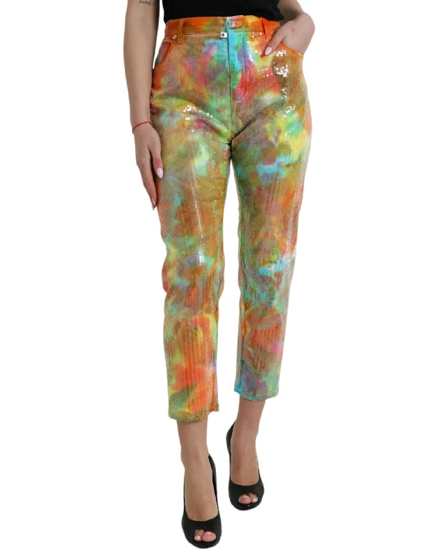 Multicolor High Waist Cropped Pants Stylish Slim Trousers