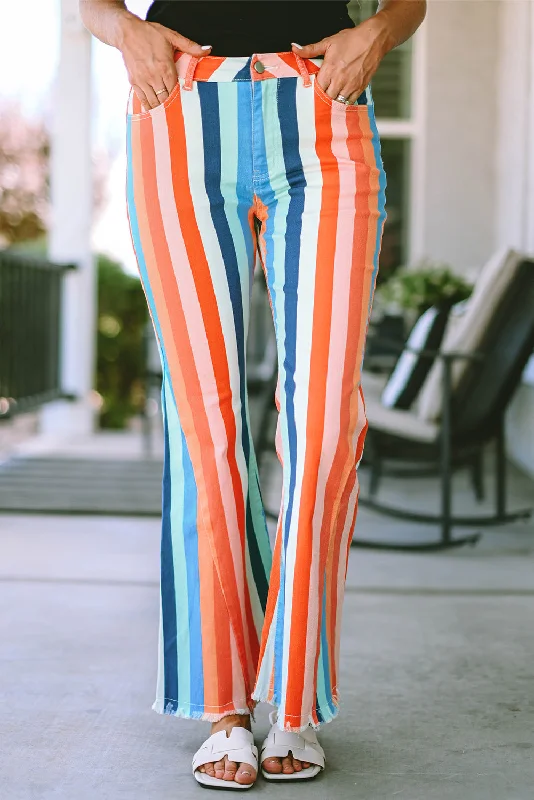 2024 Multicolor Striped Raw Hem Flared Bottom Denim Pants Comfortable Jogger Trousers 2024 Multicolor Striped Raw Hem Flared Bottom Denim Pants Comfortable Jogger Trousers